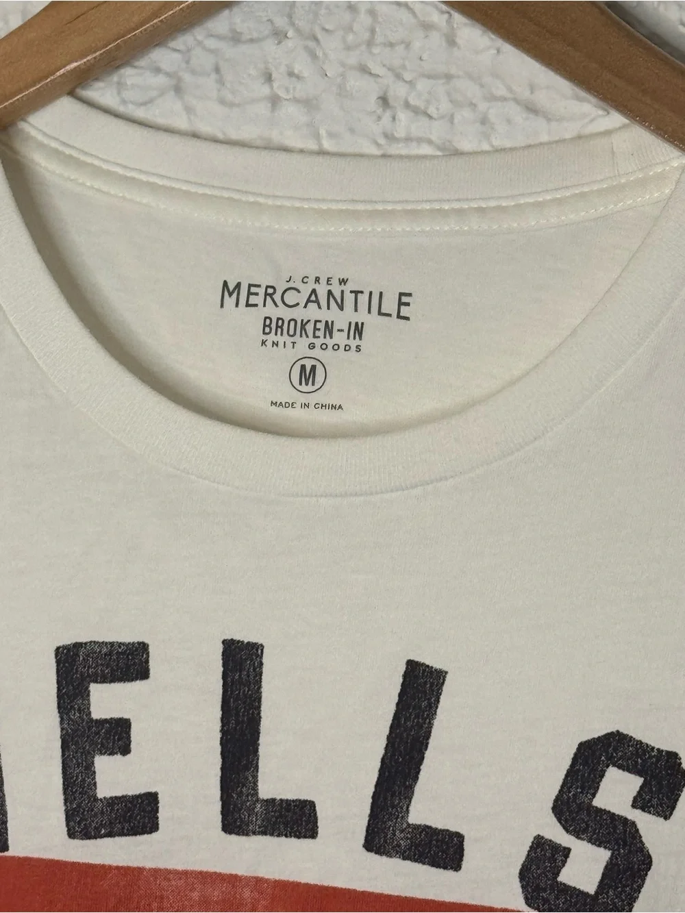 J. Crew White T-Shirt with Rust Chest Panel and Navy Print
